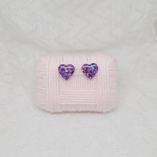 Purple Glitter Heart Stud Earrings